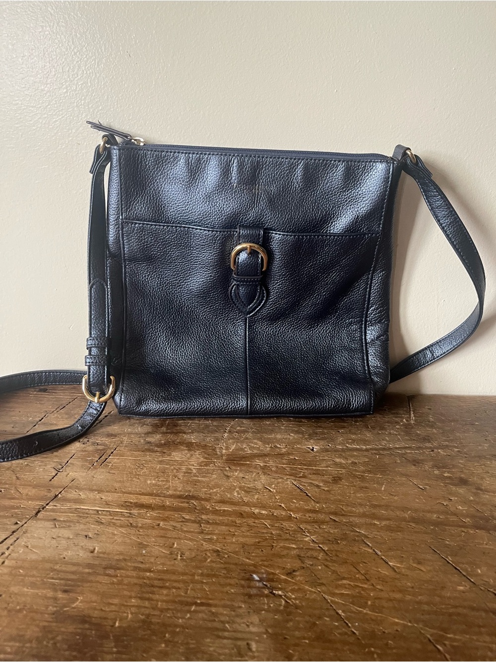 Tignanello Leather Metallic Dark Blue Crossbody with Gold Accents